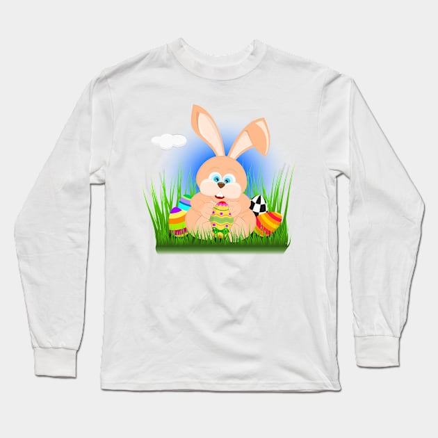 Cartoon easter rabbit on grass holding an easter egg Long Sleeve T-Shirt by ojovago